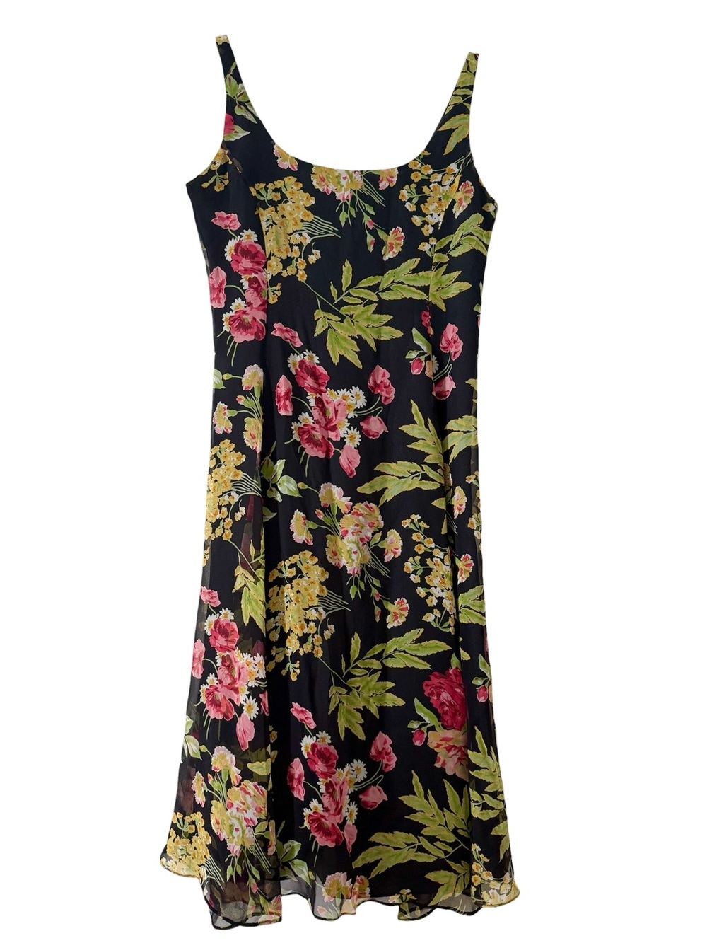 100% Silk Ralph Lauren Black Floral Slip Dress w Pink & Green Blooms Size 6